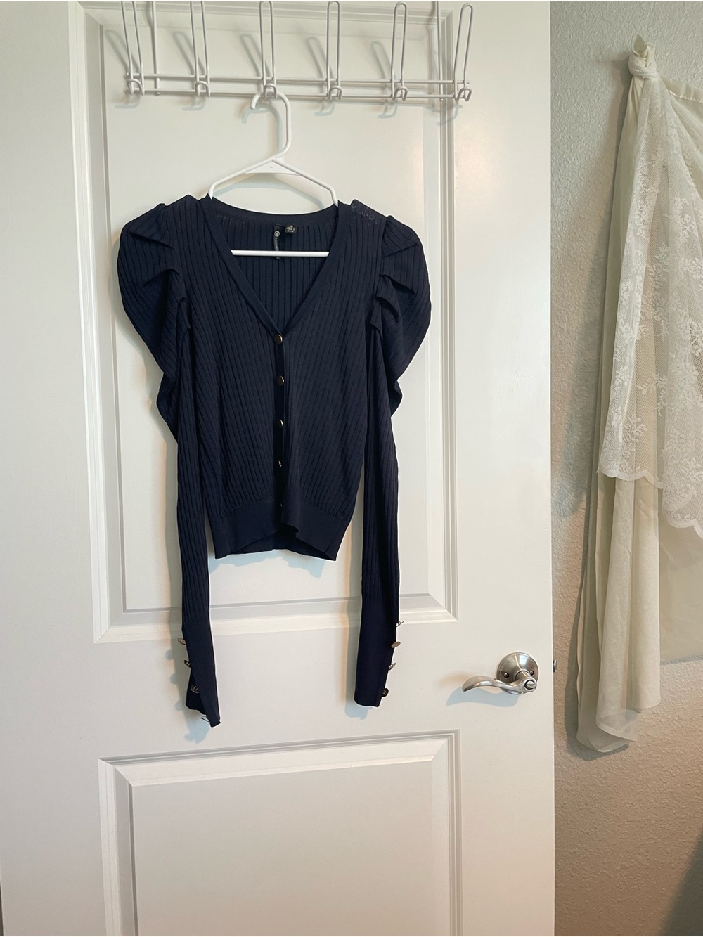 Navy Ribbed Button-Front Top with Puff Shoulders | Blue